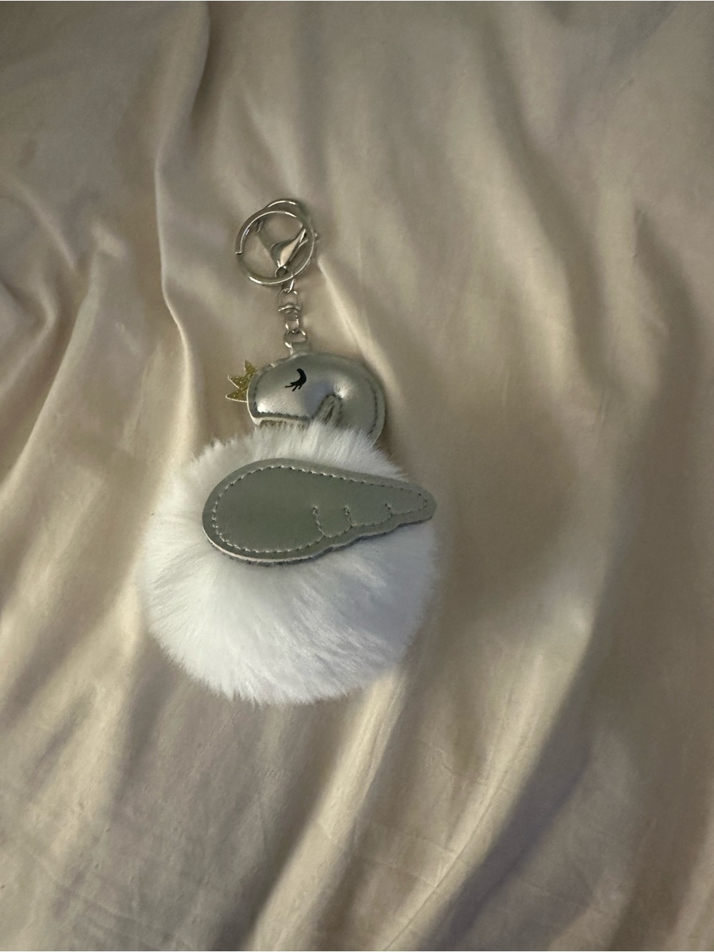 Marshalls White Faux Fur Swan Keychain with Silver and Gold Accents